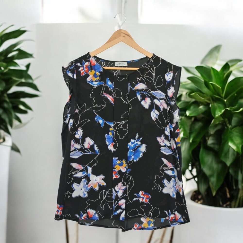 Tahari Arthur S Levine‎ Artful Flowers Sleeveless Top PL 💙 Impeccable Condition